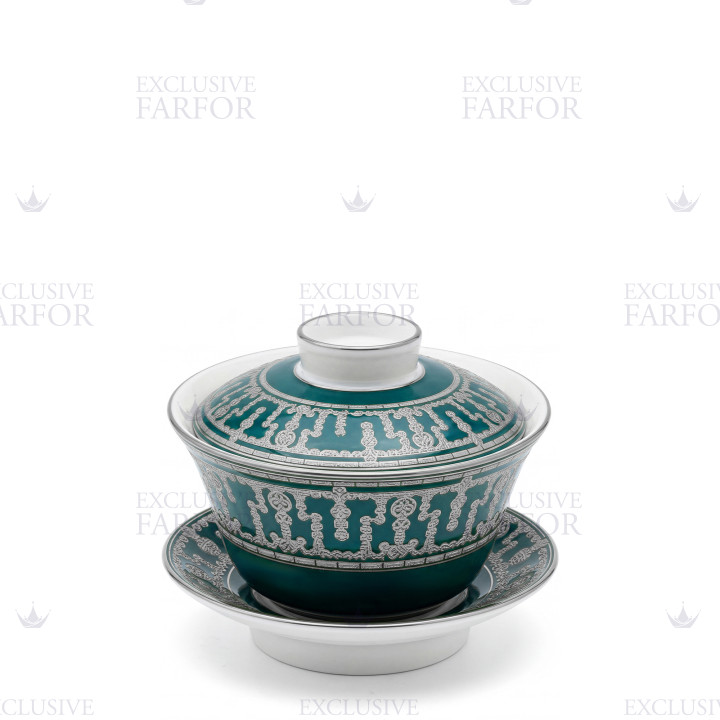 Чашка чайная с блюдцем и крышкой 0,13л коллекции Tiara Bleu Paon Platin бренда Haviland